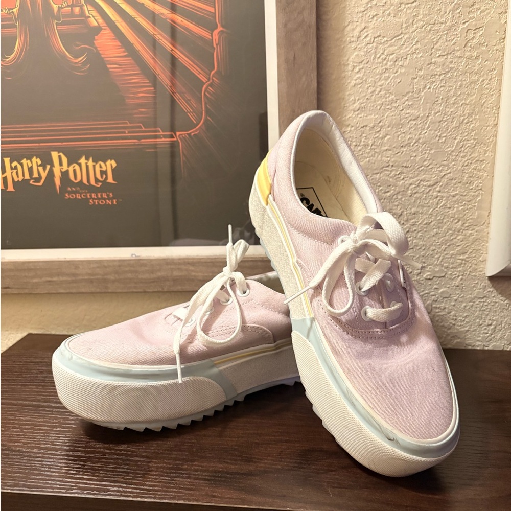 Vans Pastel Pink Canvas Platform Sneakers with Yellow & Light Blue Accents